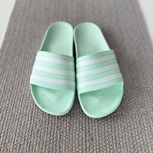 Adidas Unisex Mint Green White Three Stripe Slides Sandals Size 7M or 8.5W